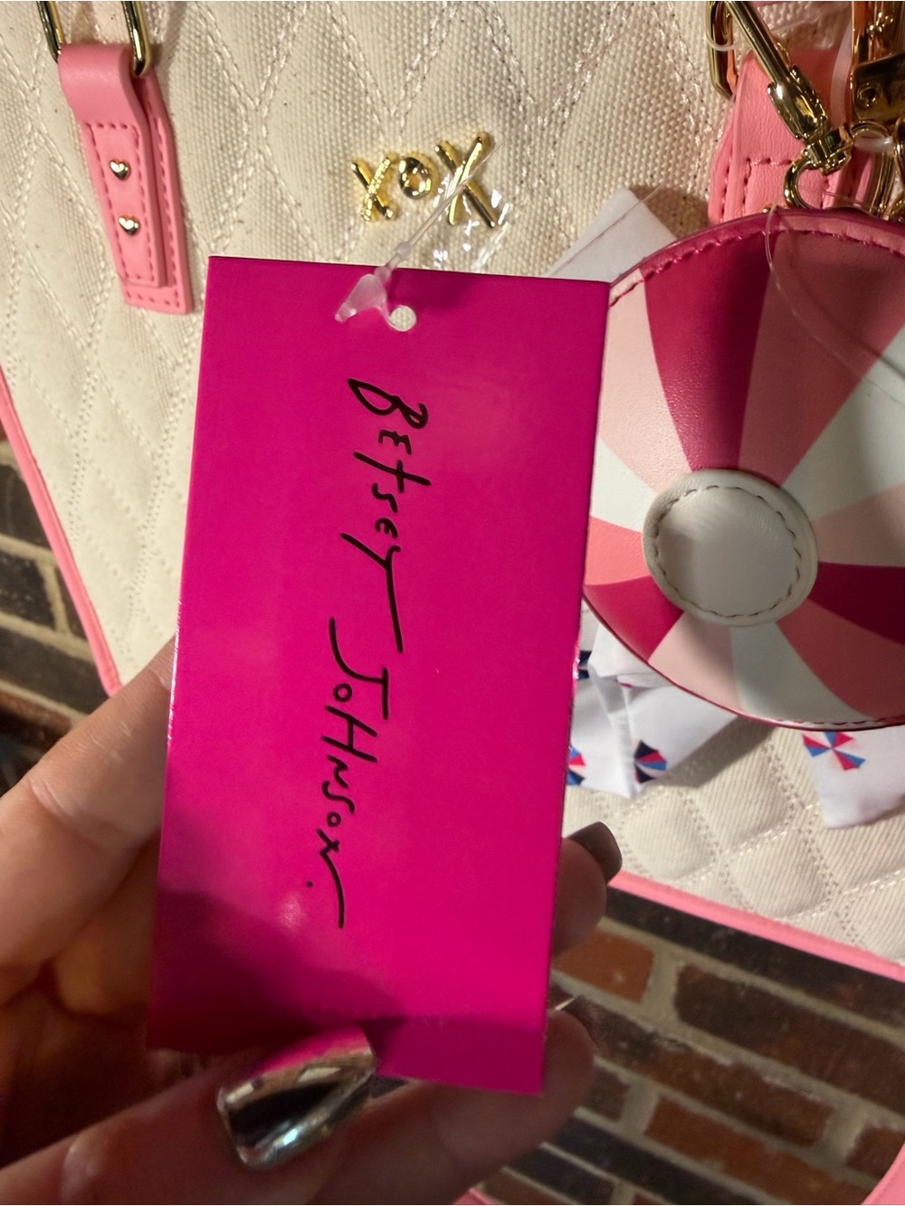 NWT Betsey Johnson Pink & Cream Quilted Tote Handbag with Scarf Accent - Picture 11 of 13